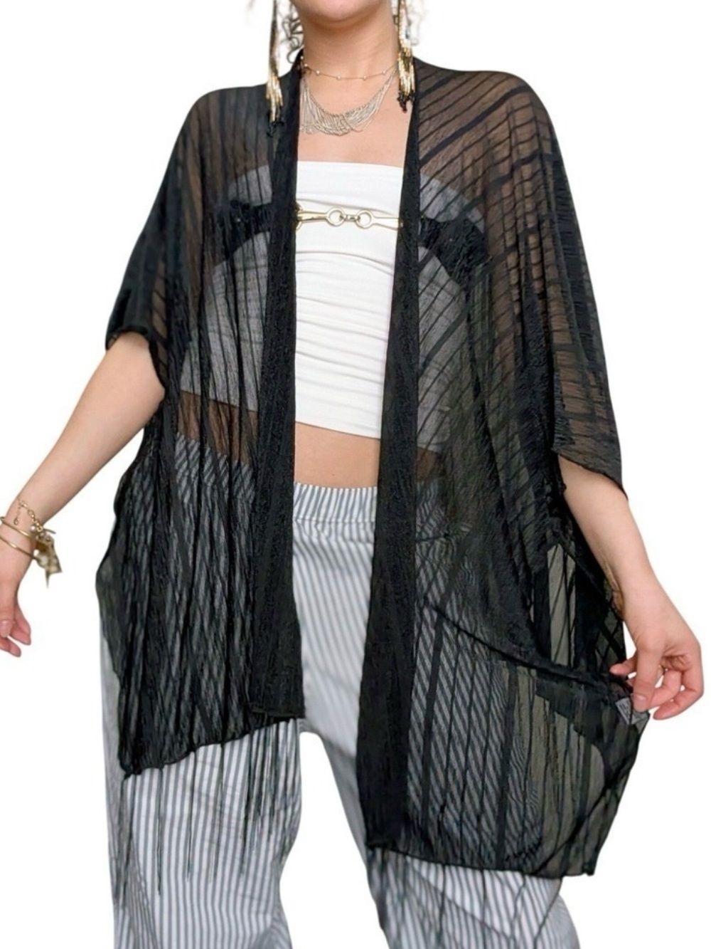 Jessica McClintock Shimmering Black Sheer Draped Duster with Fringe.